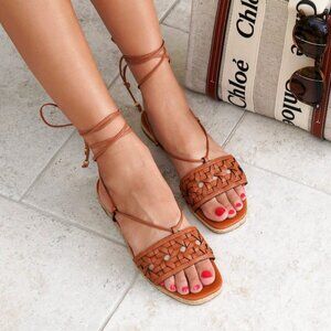 TORY BURCH basketweave espadrille lace up aged camello tan leather sandal 8